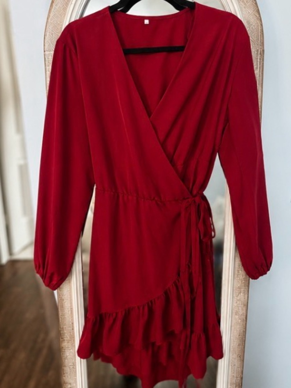 Amazon Women's Red Long Sleeve Wrap Ruffle Dress